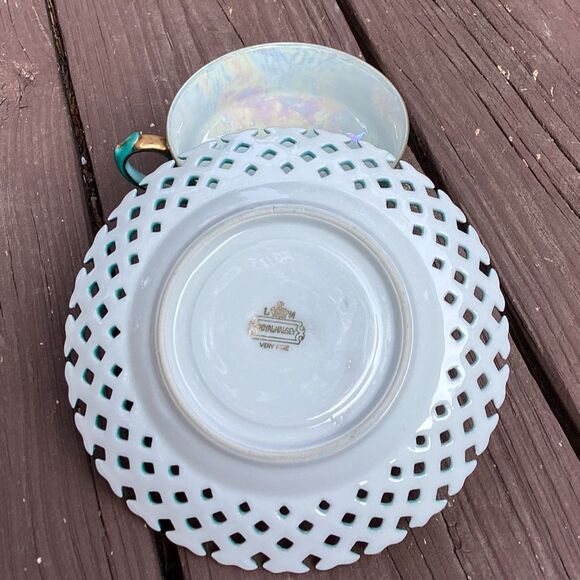 Royal Halsey Very Fine Tea Cup and Saucer Set Fruit Motif Turquoise Gold Trim - Picture 6 of 7